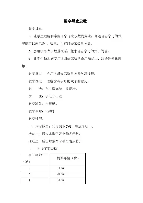北师大版四年级下册数学用字母表示数