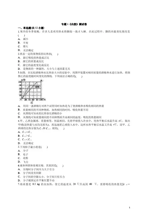 人教版物理中考专题复习专题1《内能》测试卷