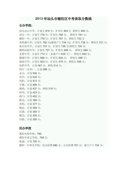 2013年汕头市潮阳区中考录取分数线