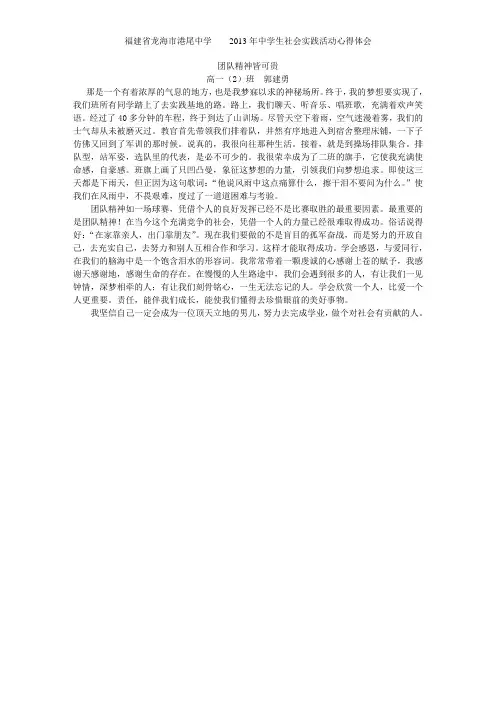 中学生社会实践活动心得体会之团队精神皆可贵---郭建勇