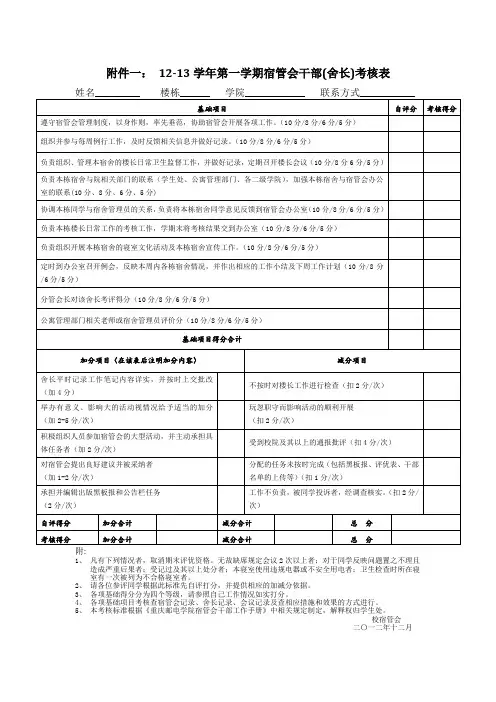 2012年第一学期宿管会考评表格