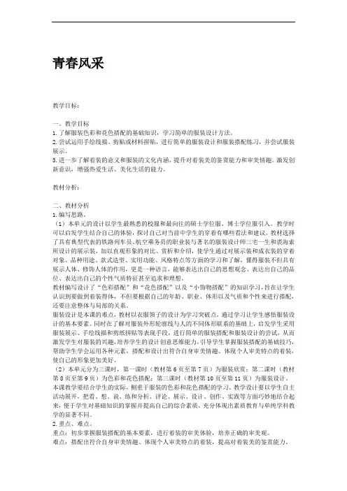 浙美版初中美术八年级下册《青春风采》3课时教案设计2套
