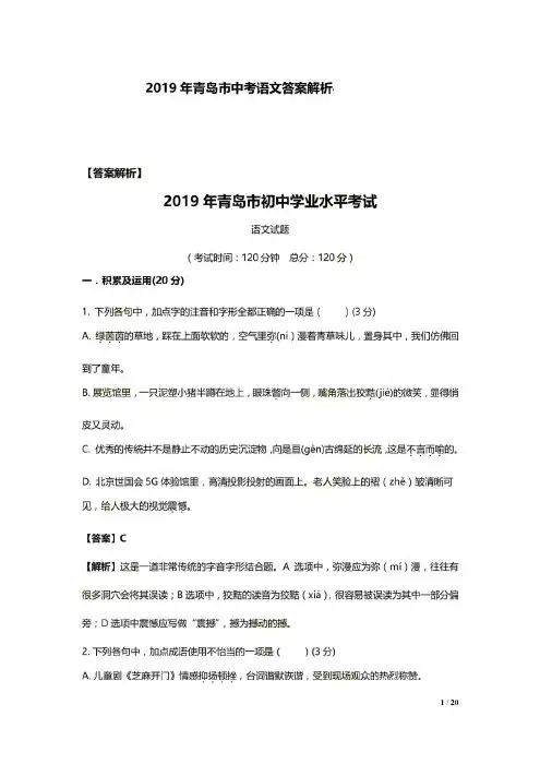 2019年山东省青岛市初中学业水平考试语文试题及答案(解析版)