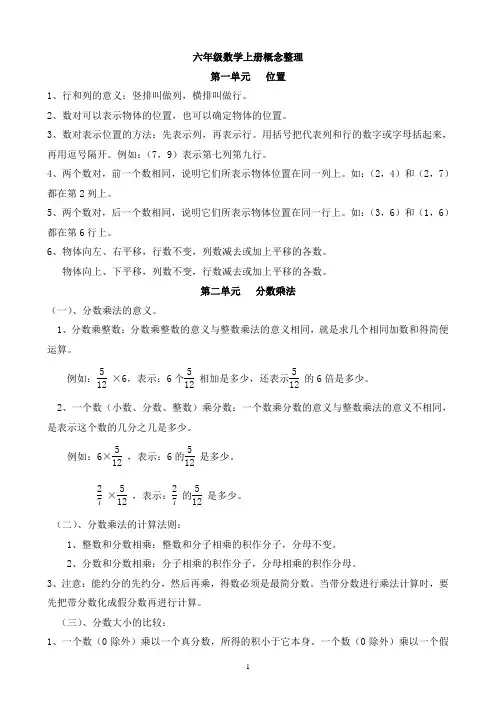 六年级上册数学知识点(概念)归纳与整理(人教版)