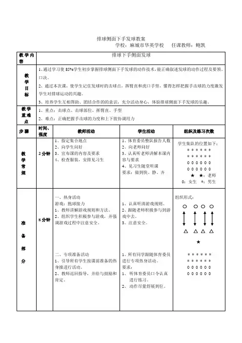 排球侧面下手发球教案
