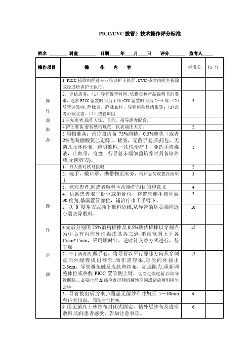 PICC拔管操作技术评分标准