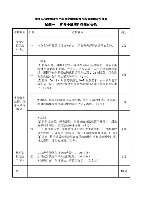 初中学业水平考试化学实验操作考试试题评分细则