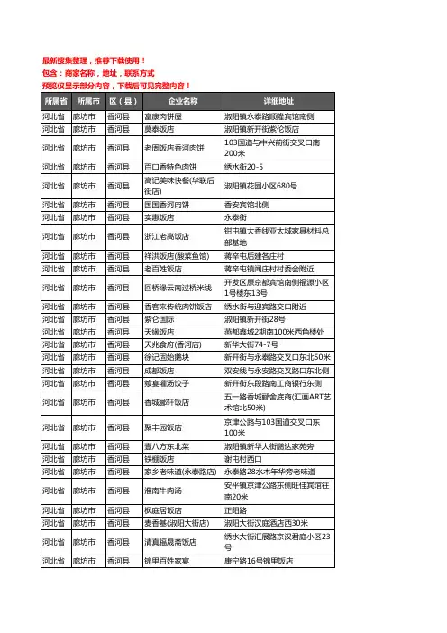新版河北省廊坊市香河县酒店餐饮企业公司商家户名录单联系方式地址大全178家