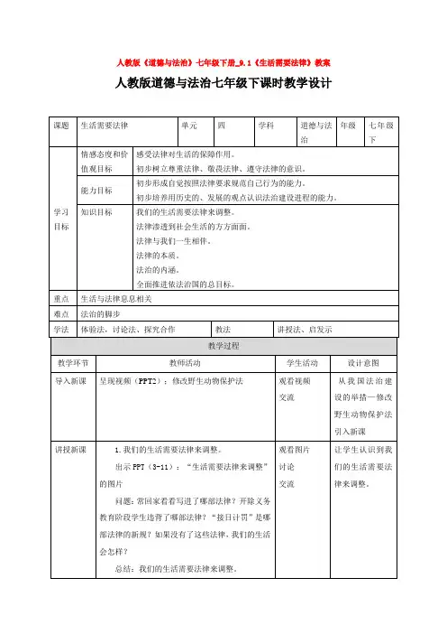 人教版道德与法治七年级下册_9.1生活需要法律教案