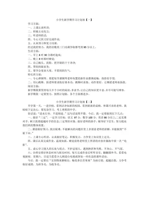 小学生新学期学习计划表