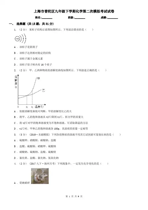 上海市普陀区九年级下学期化学第二次模拟考试试卷