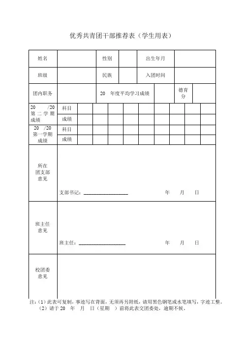 25优秀共青团干部推荐表