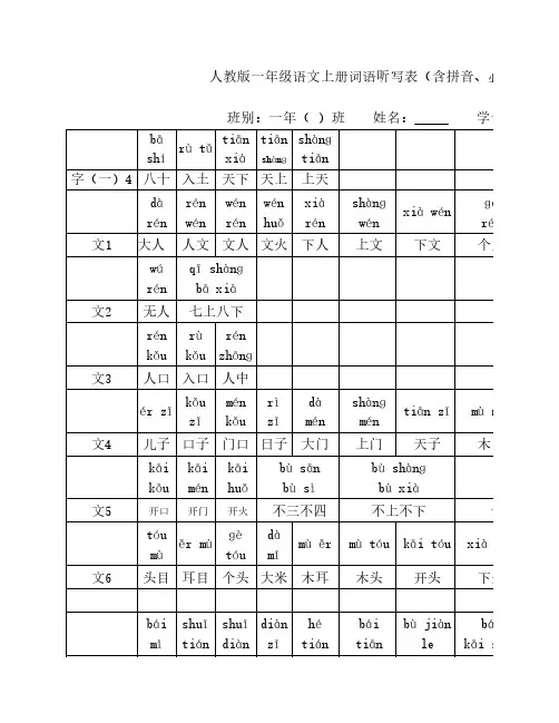 人教版一年级语文上册词语听写表(含拼音、必考)