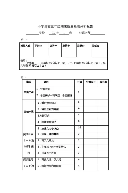 小学语文三年级期末质量检测分析报告
