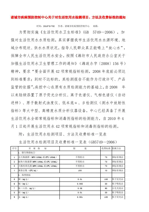 生活饮用水检测项目 方法及收费标准的通知