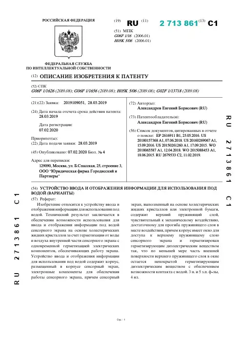 【RU2713861C1】水下(VERSIONS)用信息输入显示装置【专利】