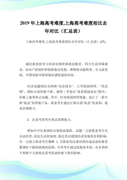 上海高考难度,上海高考难度相比去对比(汇总表).doc