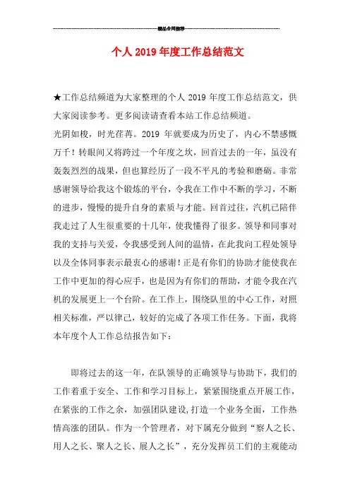 个人2019年度工作总结范文