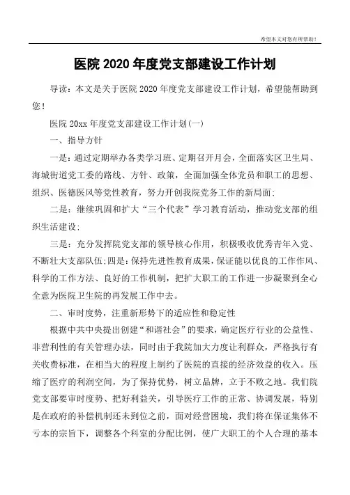医院2020年度党支部建设工作计划