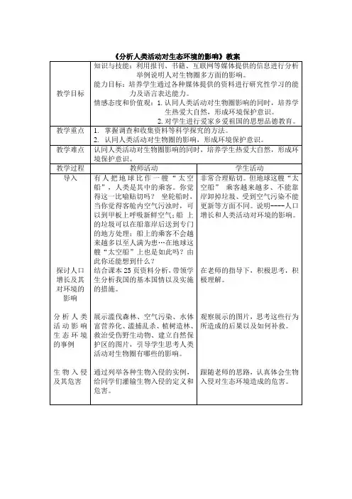 七年级生物下册分析人类活动对生态环境的影响教案