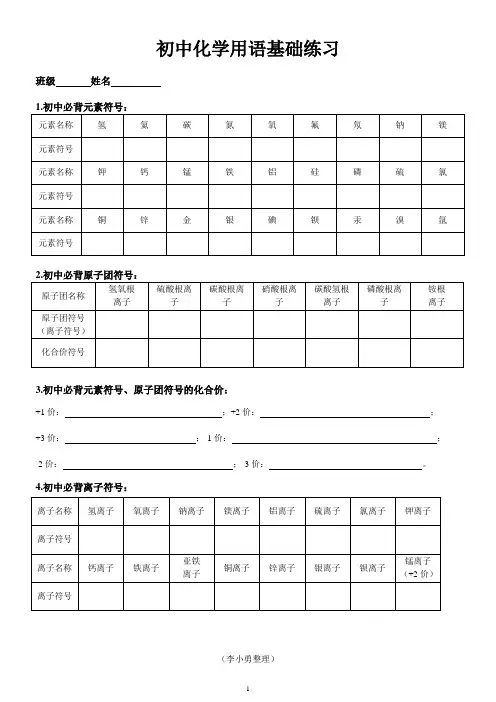 初中化学用语基础练习