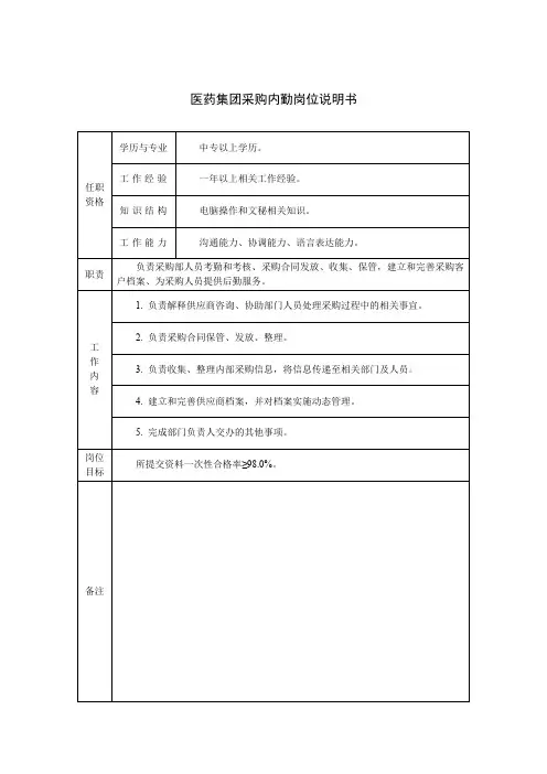 医药集团采购内勤岗位说明书