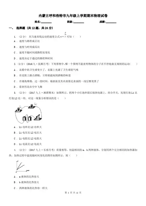内蒙古呼和浩特市九年级上学期期末物理试卷
