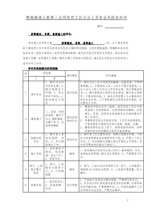 桥梁墩柱、系梁、盖梁施工从业人员安全风险告知书