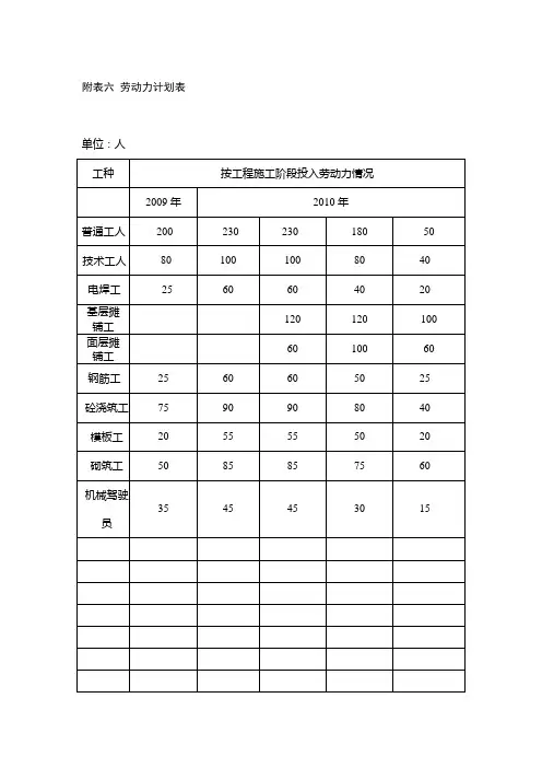 附表六 劳动力计划表