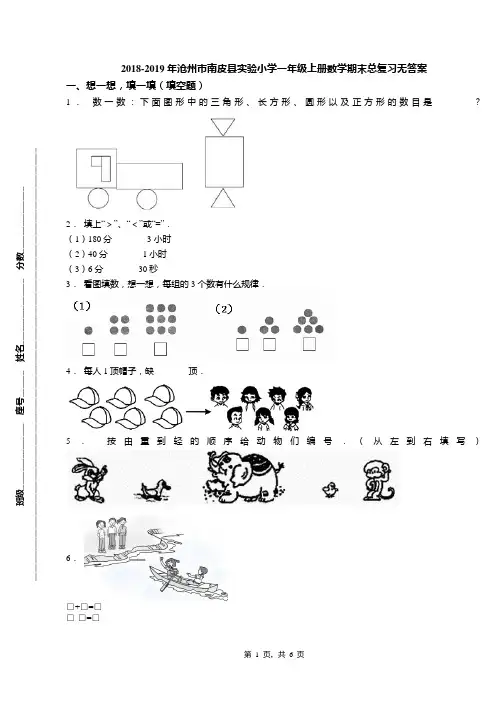 2018-2019年沧州市南皮县实验小学一年级上册数学期末总复习无答案