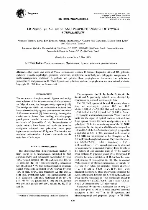 LIGNANS, y-LACTONES AND PROPIOPHENONES OF VIROLA SURINAMENSIS