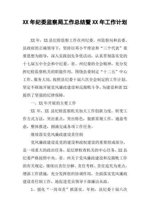 XX年纪委监察局工作总结暨XX年工作计划