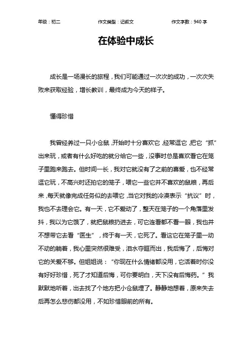 在体验中成长作文【初中初二900字】