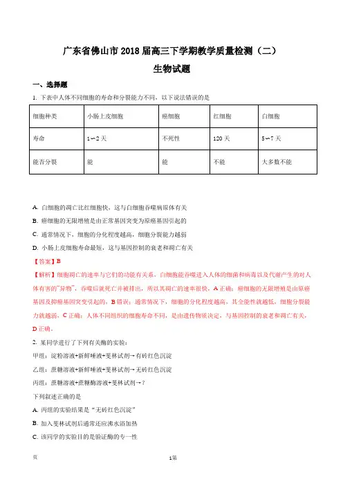2018届广东省佛山市高三下学期教学质量检测(二)生物试题(解析版)