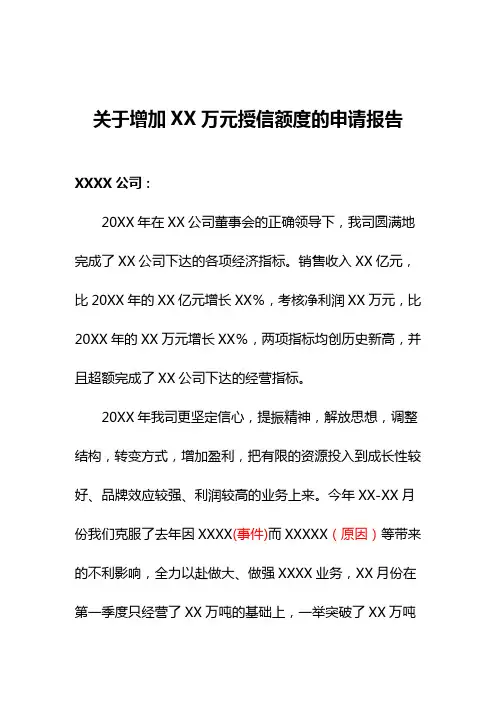 关于增加XX万元授信额度的申请报告模板