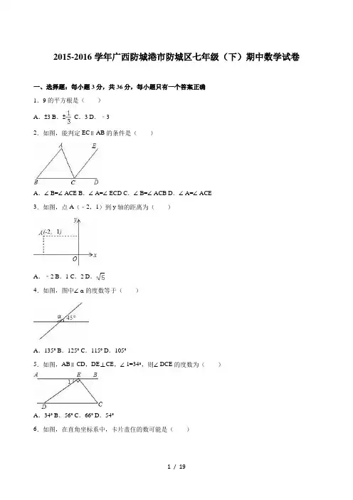 人教版20152016年七年级下期中数学试卷及答案解析
