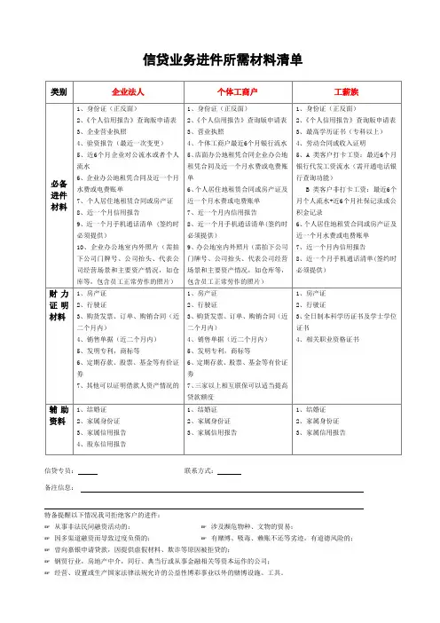 信贷业务进件所需材料清单