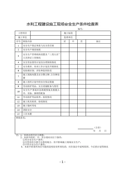 水利工程建设施工现场安全生产条件检查表