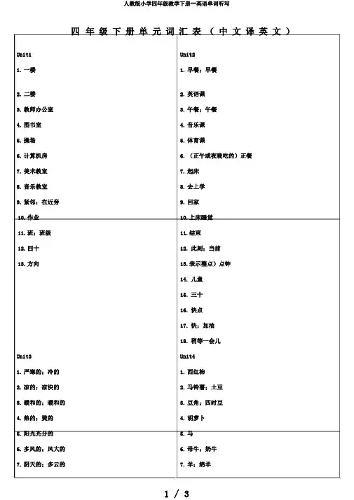 人教版小学四年级教学下册--英语单词听写