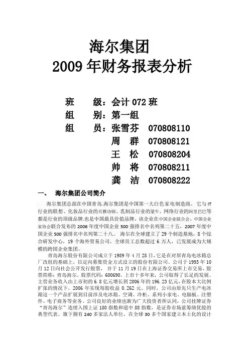 海尔集团年度财务报表分析(doc 18页)(正式版)