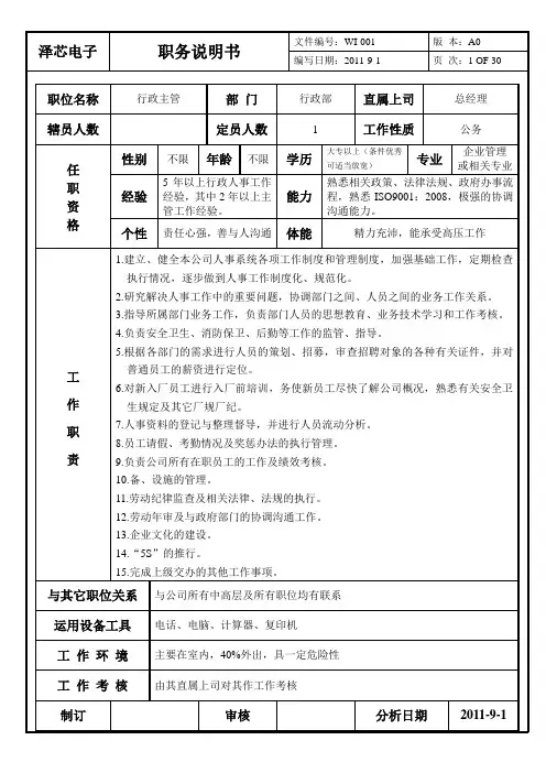 公司企业各部门职务岗位职责说明书汇编大全模板