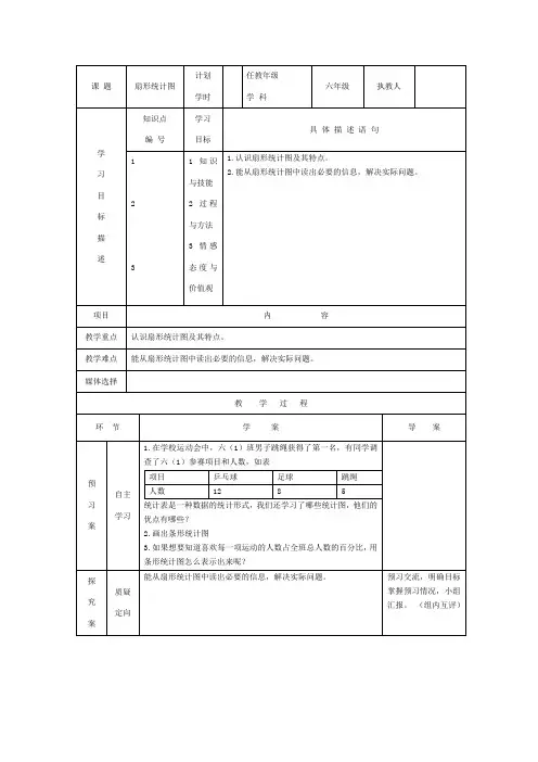 人教版六年级上册第七单元扇形统计图导学案(2页)