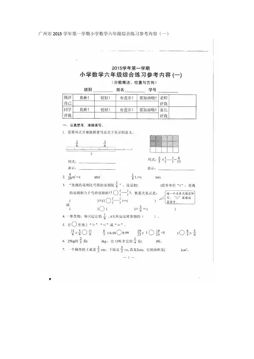 广州市2015学年第一学期小学数学六年级综合练习参考内容(一)