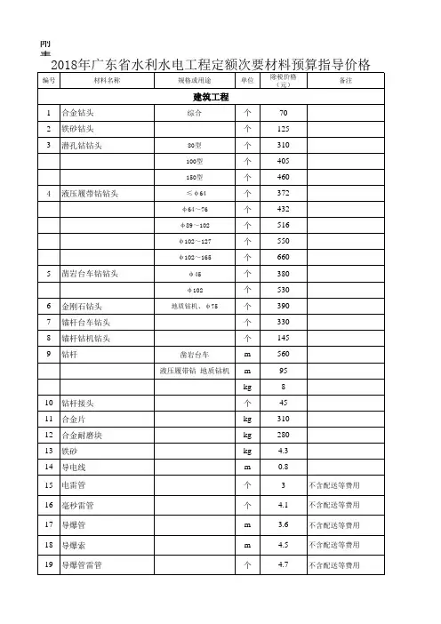 附表-2018年广东省水利水电工程定额次要材料预算指导价格及房屋建筑工程造价指标指导价
