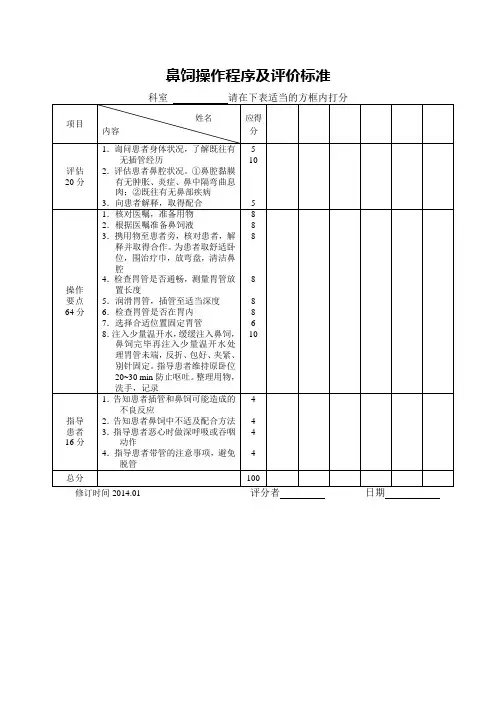 鼻饲操作程序及评价标准