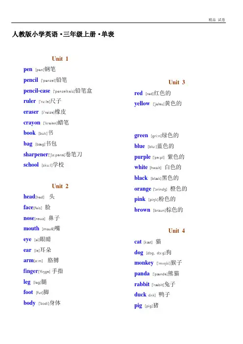 人教版PEP小学英语三年级·单词表(带有音标)