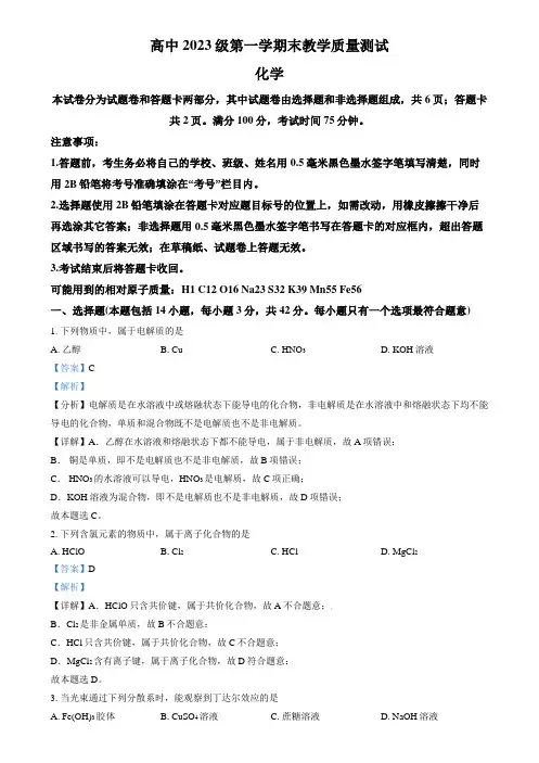 四川省绵阳市2023-2024学年高一上学期期末考试化学试题  含解析