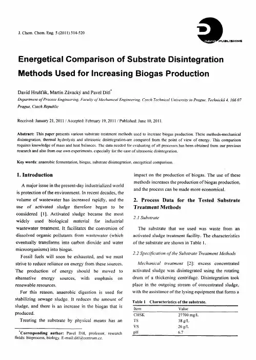 Energetical Comparison of Substrate Disintegration Methods Used for Increasing Biogas Production