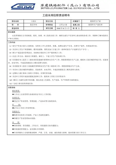 工段长岗位职责说明书