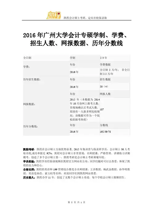 2016年广州大学会计专硕学制、学费、招生人数、网报数据、历年分数线